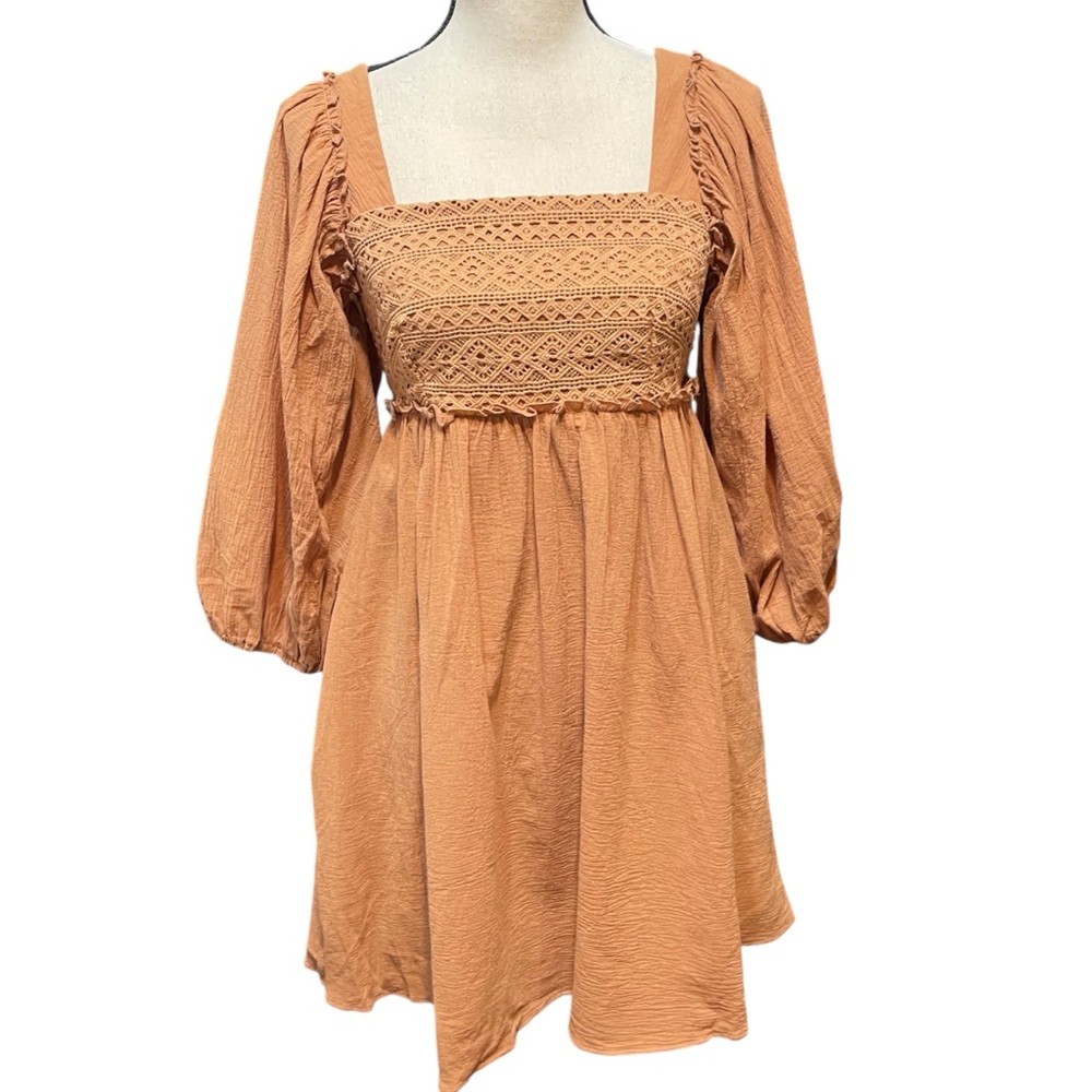 Listicle Brown Tan Babydoll Style Peasant Cottagecore‎ Mini Dress Women's Small